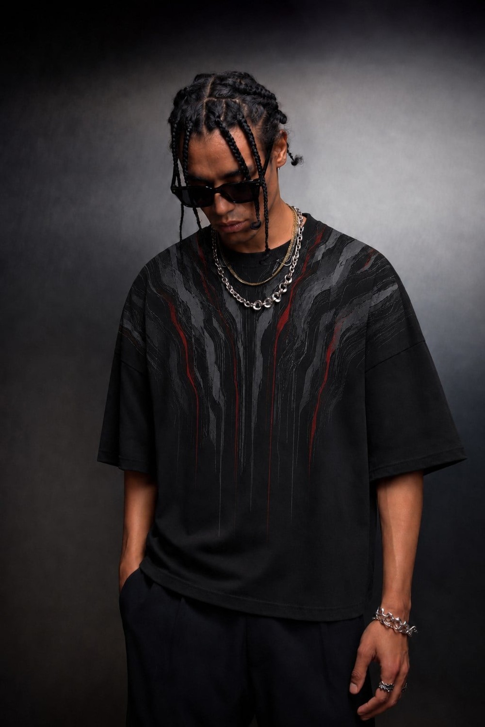 Erkek Siyah Vein Baskılı Oversize Tshirt