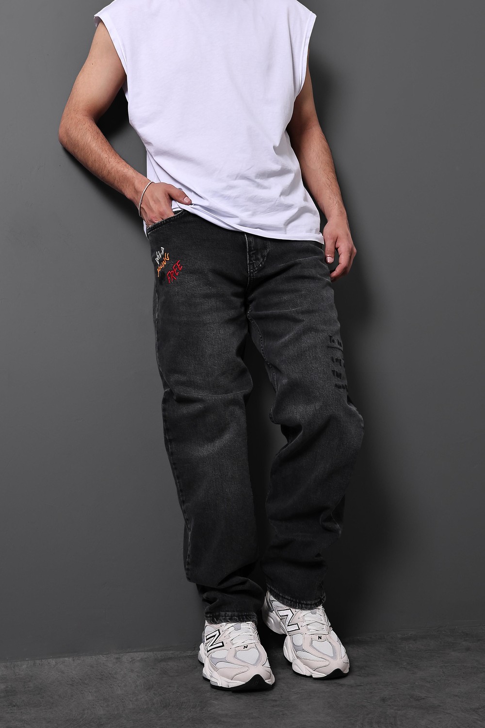 Erkek Siyah Wild Young Nakışlı Taşlı Baggy Pantolon