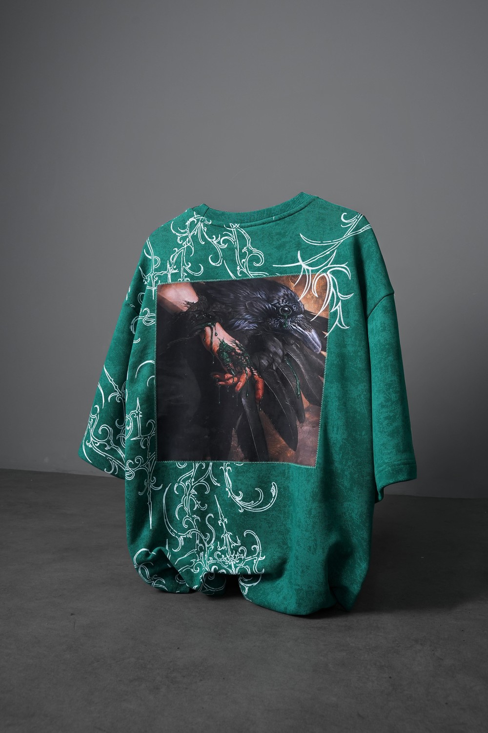 Erkek Yeşil Crow Patch Oversize Yıkama Efektli Tshirt