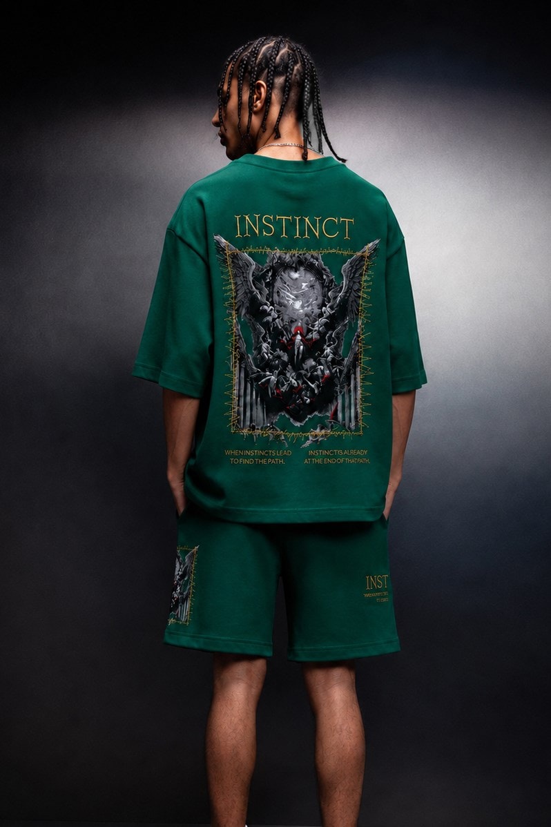Erkek Yeşil İnstinct Patch Nakışlı Oversize Tshirt