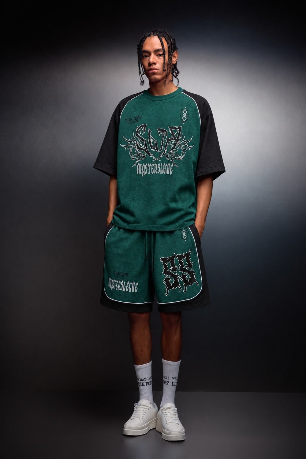 Erkek Yeşil Masters Baskılı Yıkama Efektli Oversize Tshirt