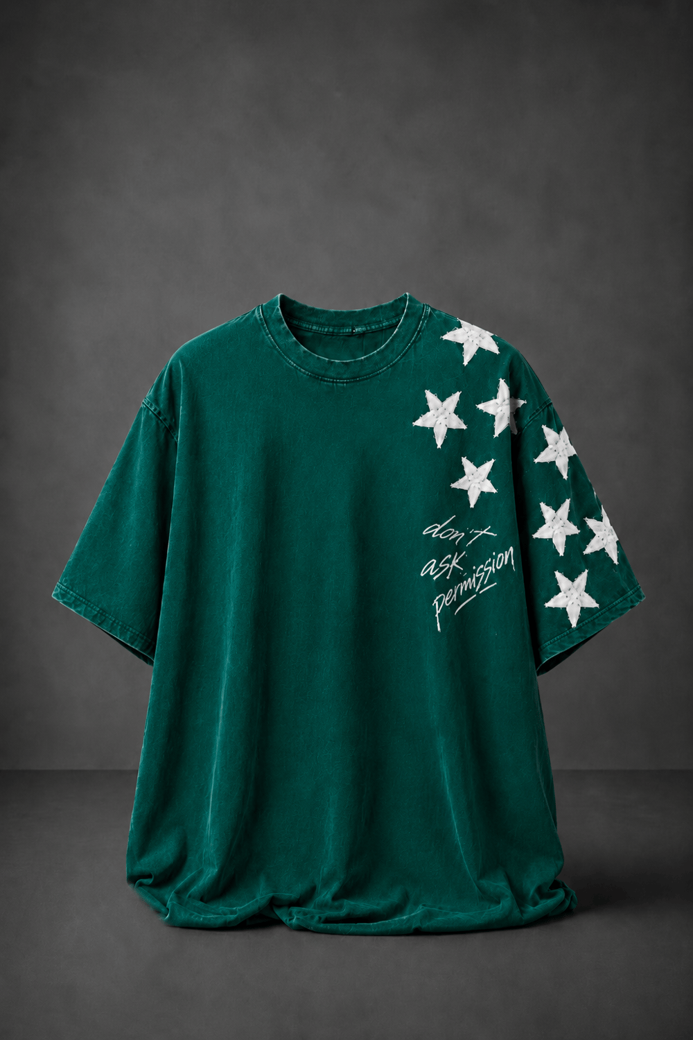 Erkek Yeşil Permission Aplike Nakışlı Oversize Tshirt