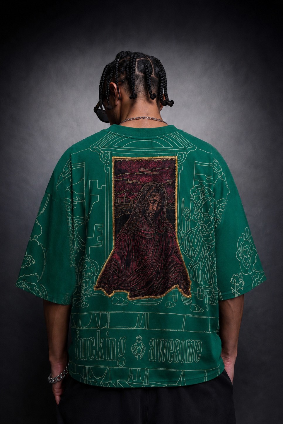 Erkek Yeşil Sanctum Kadife Patch Oversize Tshirt