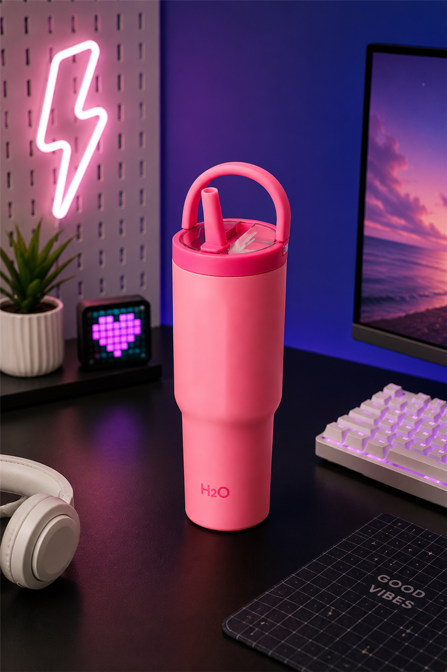 H2O Kulplu Pipetli Çelik Termos Kupa 960 ml – Pembe