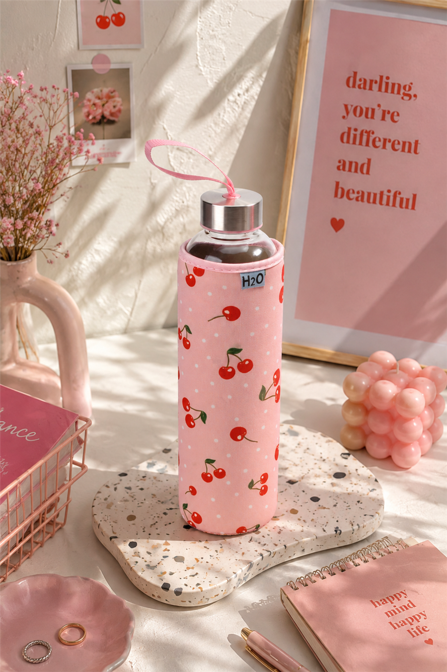 H2O Desenli Kilifli 750 Ml Cam Matara * Kiraz