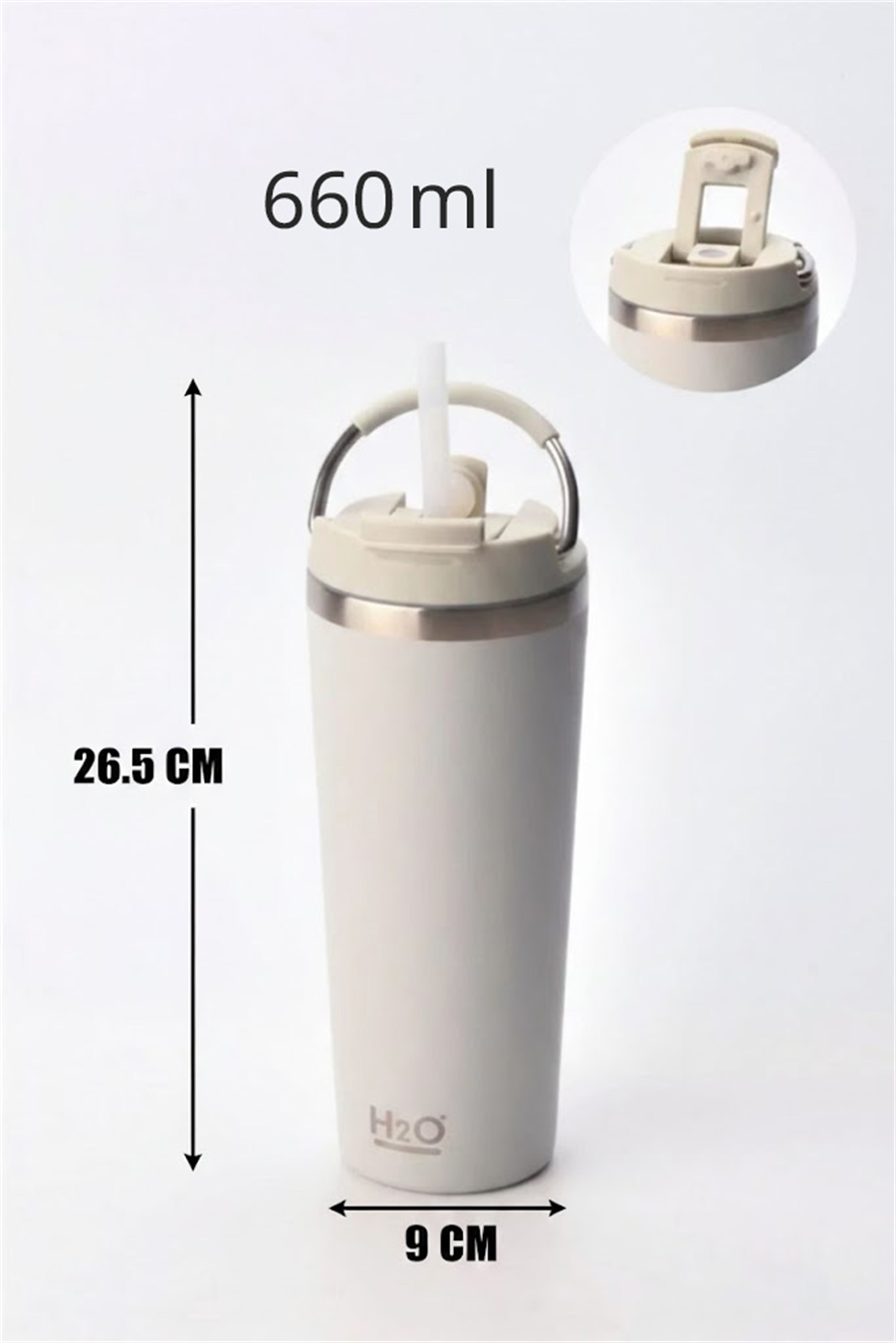 H2O Kulplu Çelik Pipetli Termos Kupa 660 ml – Gri