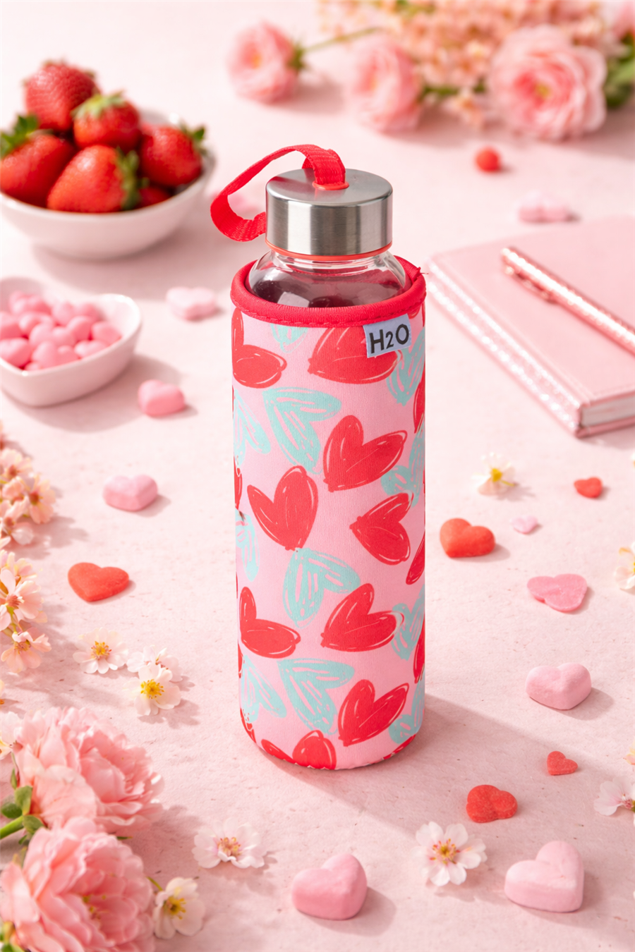 H2O Kırmızı Kalp Desenli Kılıflı Cam Şişe 