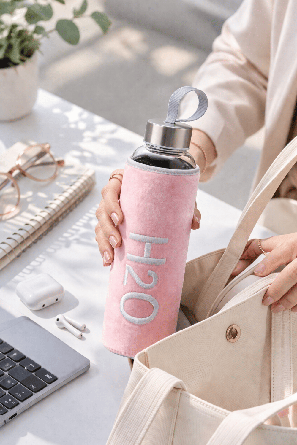 H2O Peluş Kılıflı Cam Matara 600 ml – Açık Pembe