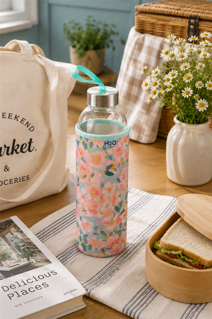 H2O Desenli Kilifli 750 Ml Cam Matara * Gül