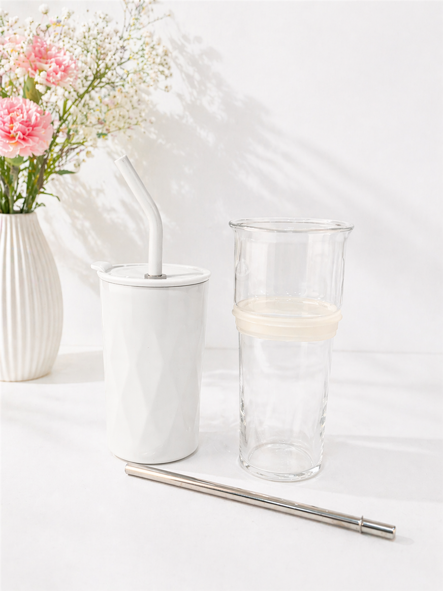 H2O Detoks Hazneli Çelik Pipetli Termos Kupa – Beyaz