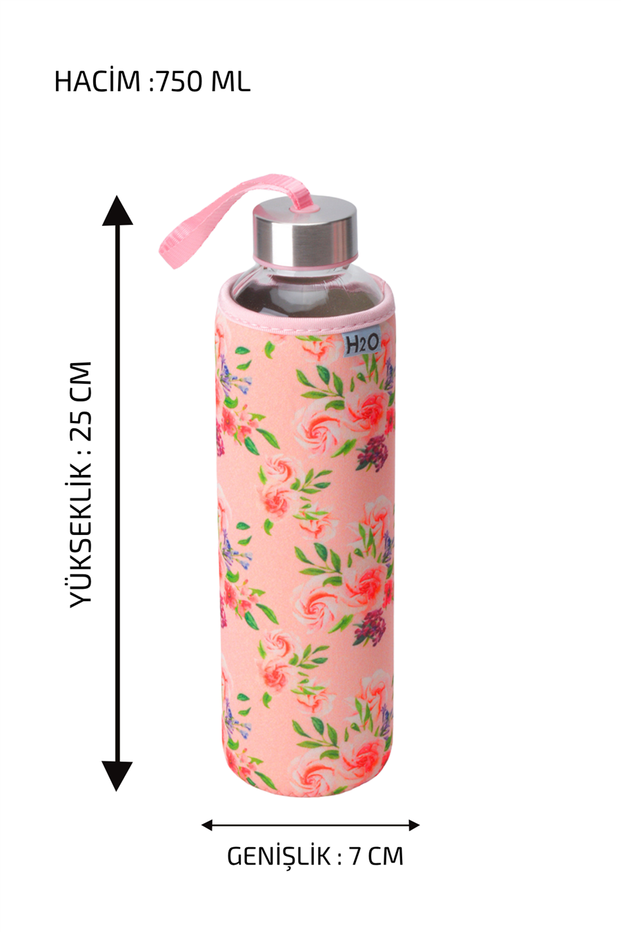 H2O Desenli Kilifli 750 Ml Cam Matara * Gül