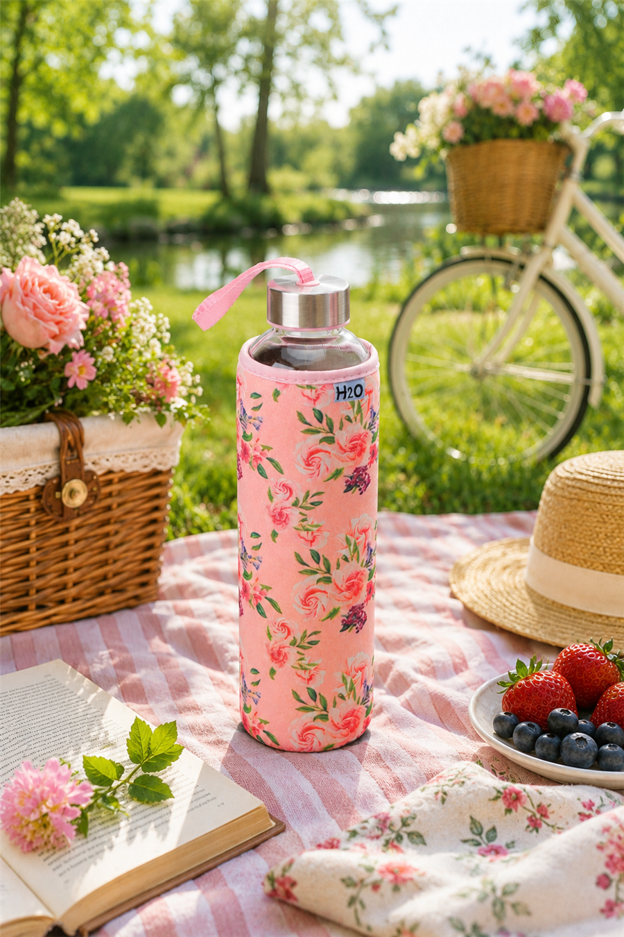 H2O Desenli Kilifli 750 Ml Cam Matara * Gül