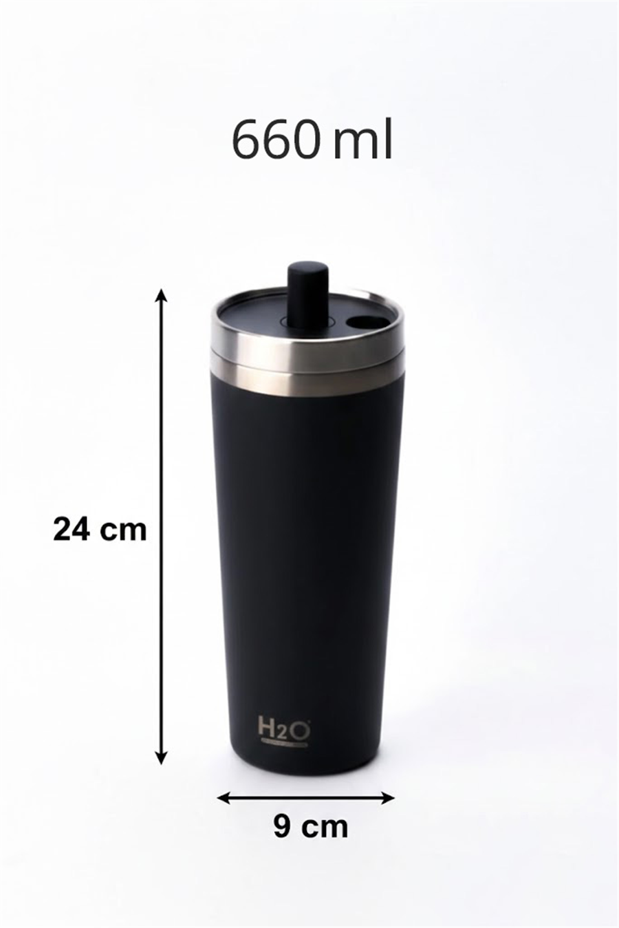 H2O Kapaklı Çelik Pipetli Termos Kupa 660 ml – Siyah