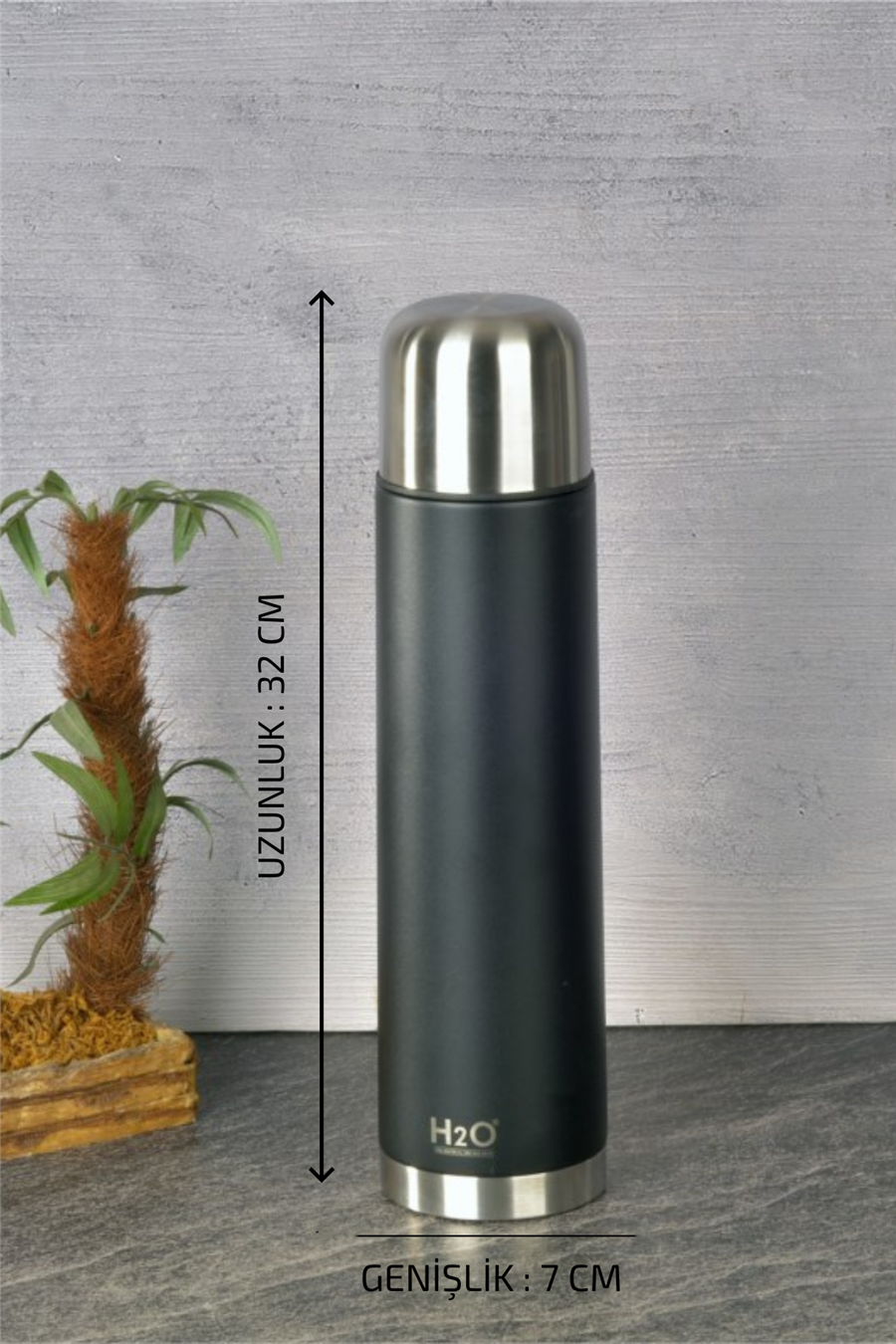 H2O Bardak Kapaklı Çelik Termos 1 L – Siyah 