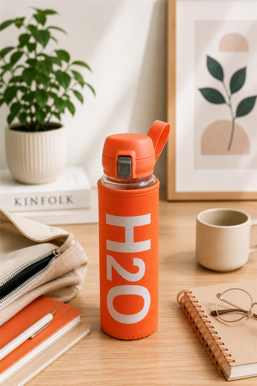 H2O Yazılı Kılıflı Kilit Kapak 500 ml Cam Matara  – Turuncu