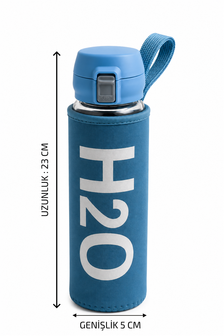 H2O Yazılı Kılıflı Kilit Kapak 500 ml Cam Matara  – Mavi