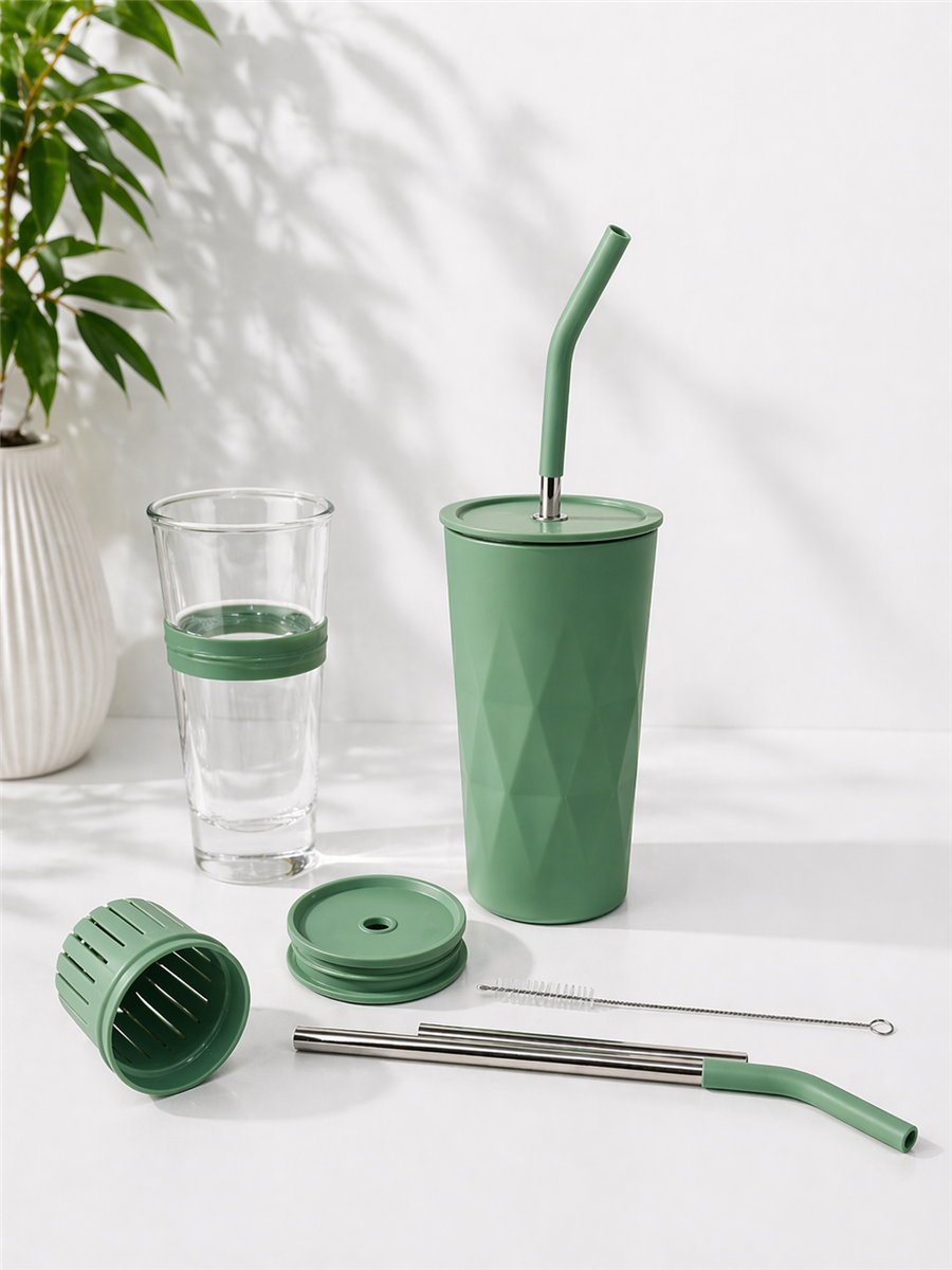 H2O Detoks Hazneli Çelik Pipetli Termos Kupa – Yeşil