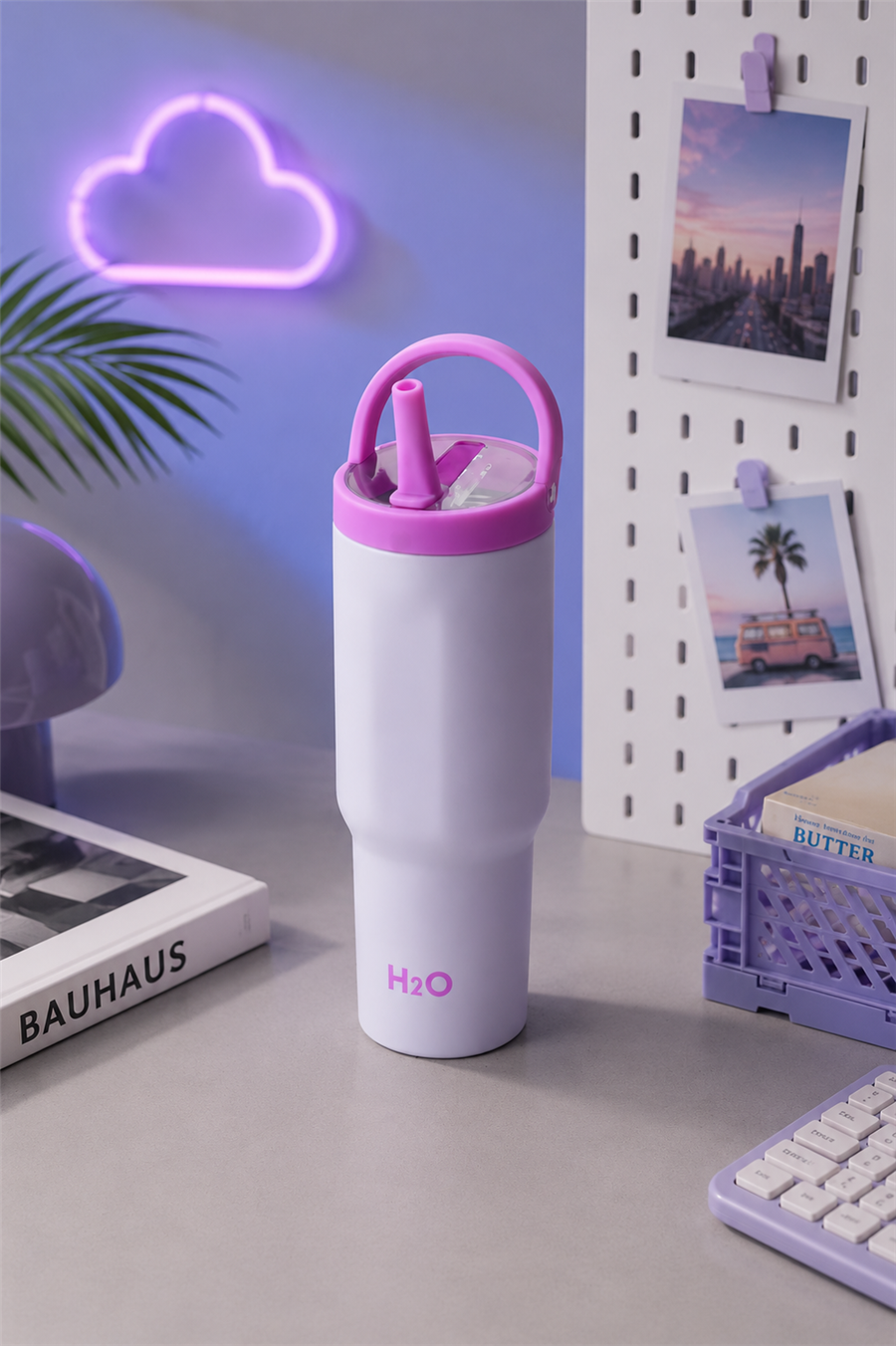 H2O Kulplu Pipetli Çelik Termos Kupa 960 ml – Mor