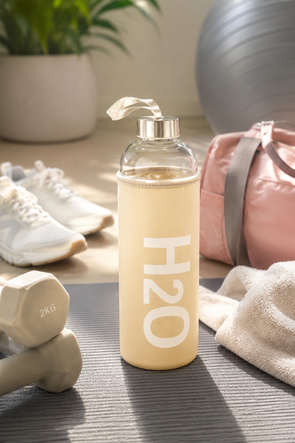 H2O Pastel Renkli Kılıflı Cam Matara 1L  – Krem