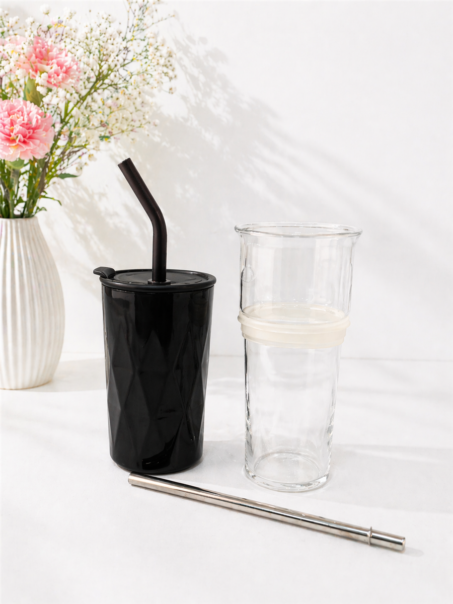 H2O Detoks Hazneli Çelik Pipetli Termos Kupa – Siyah