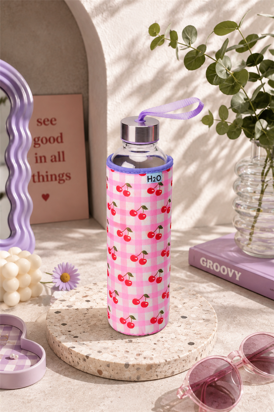 H2O Desenli Kilifli 750 Ml Cam Matara * Kiraz