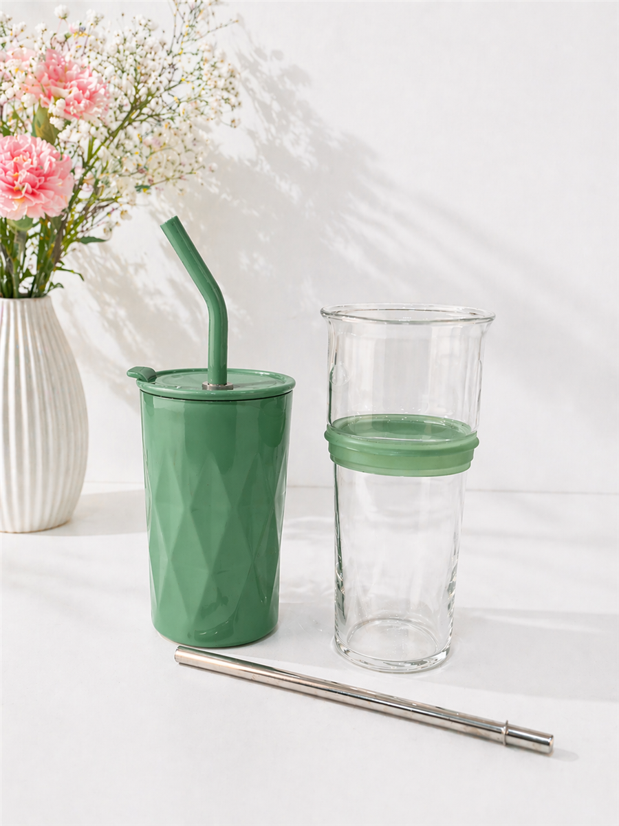H2O Detoks Hazneli Çelik Pipetli Termos Kupa – Yeşil