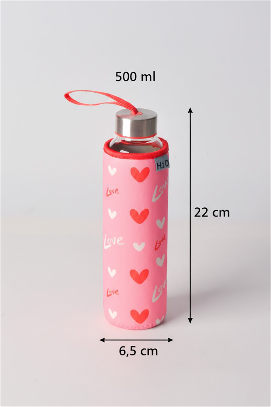 H2O Beyaz Kalp Desenli Kılıflı Cam Şişe 