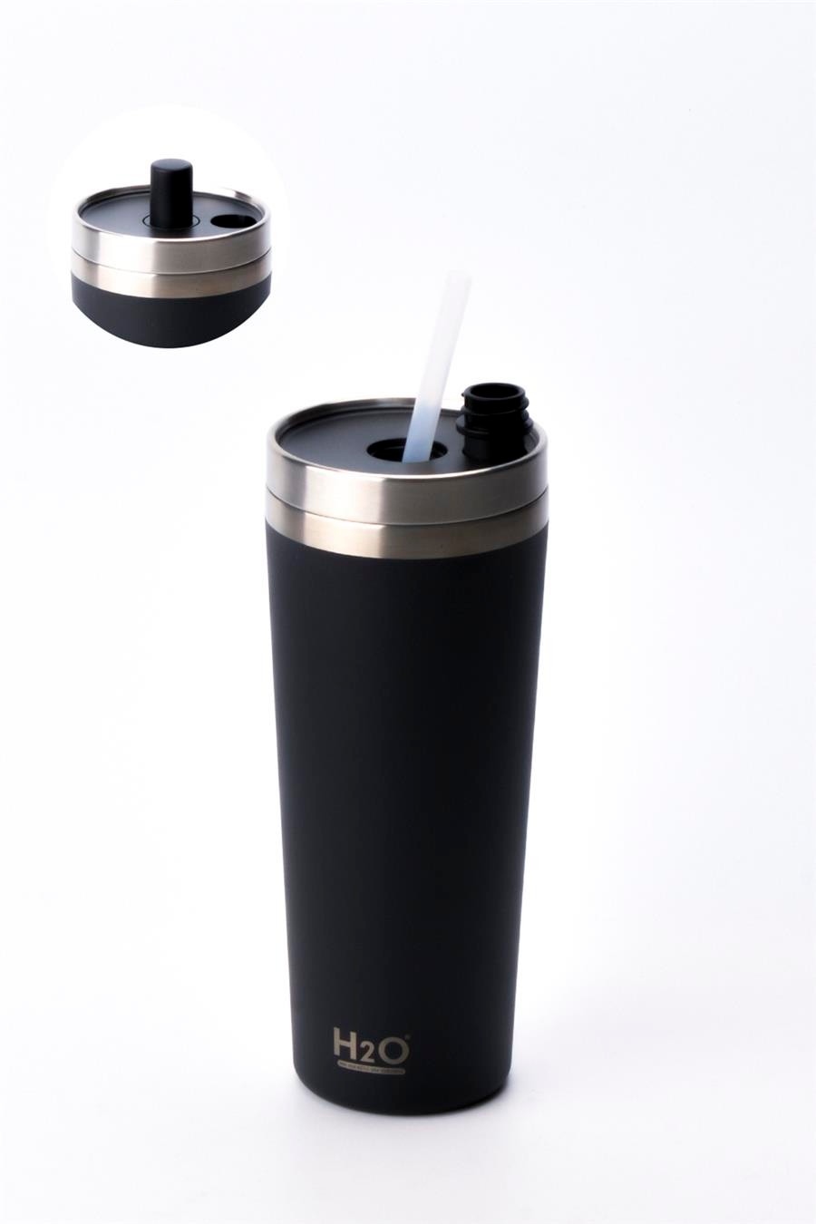 H2O Kapaklı Çelik Pipetli Termos Kupa 660 ml – Siyah