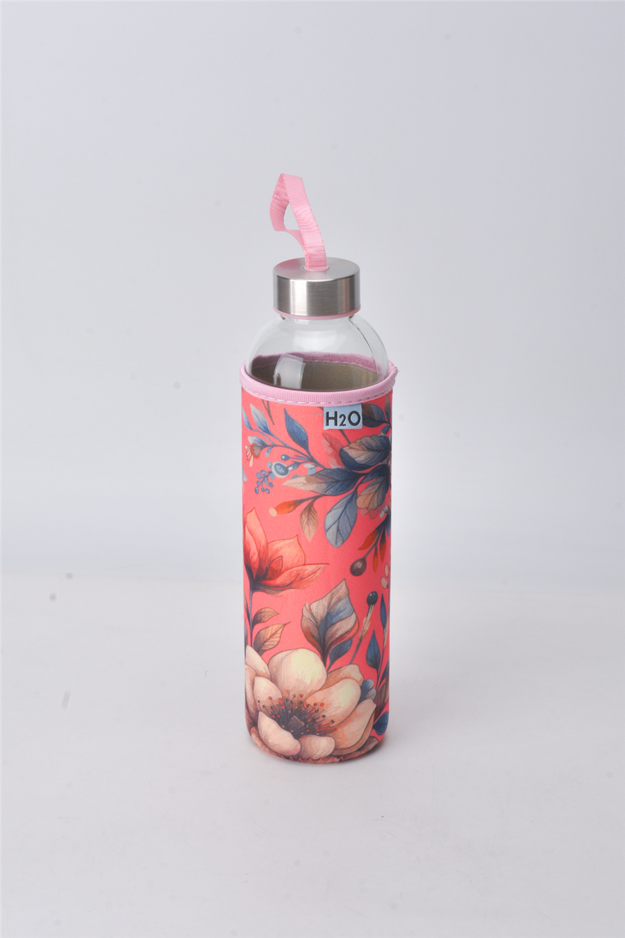 H2O Desenli Kilifli 750 Ml Cam Matara * Gül