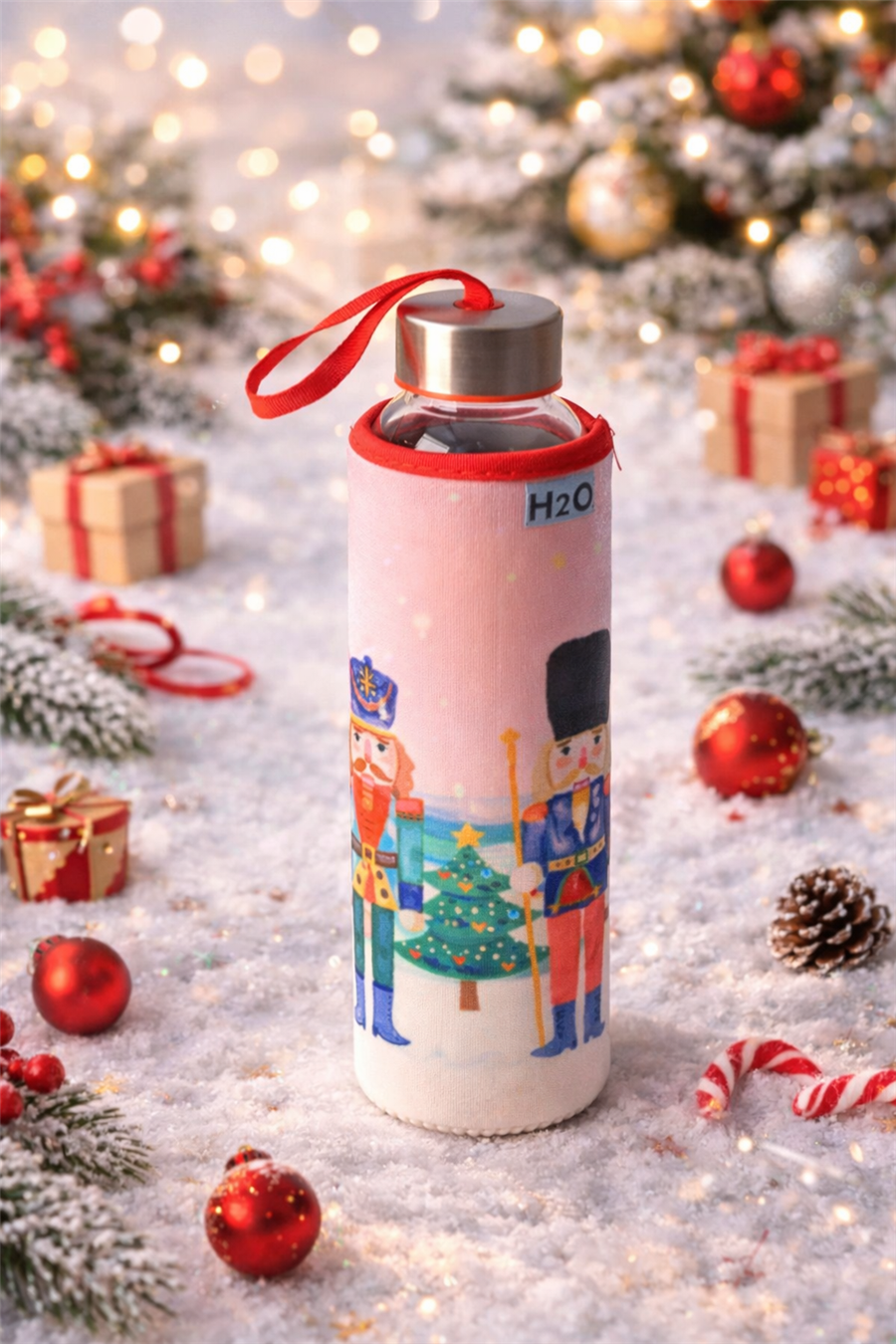 H2O Yeni Yıl Desenli Kılıflı Cam Matara - Fındıkkıran