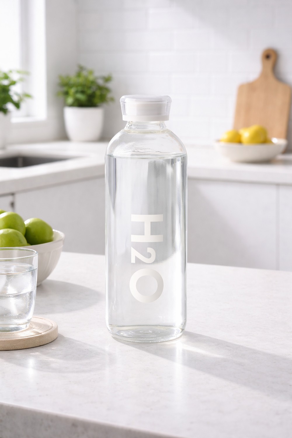 H2O 1lt Borosilikat Cam Matara Beyaz