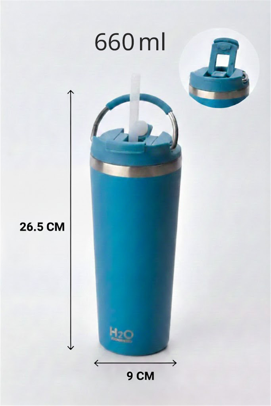 H2O Kulplu Çelik Pipetli Termos Kupa 660 ml – Mavi