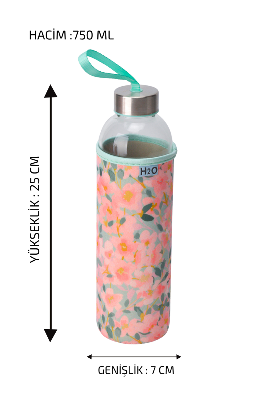 H2O Desenli Kilifli 750 Ml Cam Matara * Gül