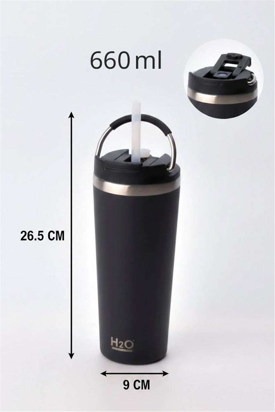 H2O Kulplu Çelik Pipetli Termos Kupa 660 ml – Siyah