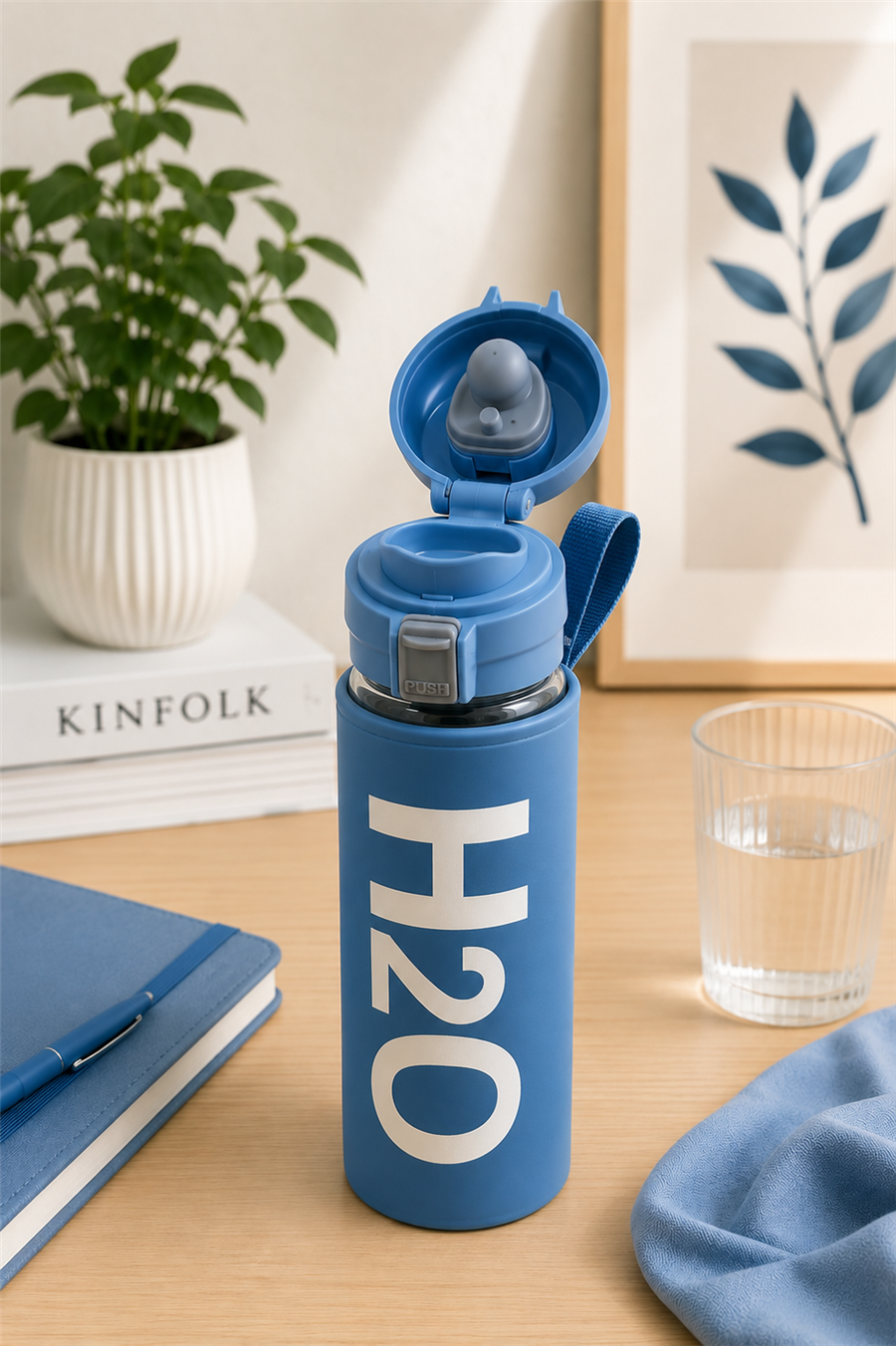 H2O Yazılı Kılıflı Kilit Kapak 500 ml Cam Matara  – Mavi