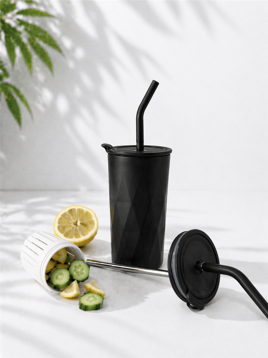 H2O Detoks Hazneli Çelik Pipetli Termos Kupa – Siyah