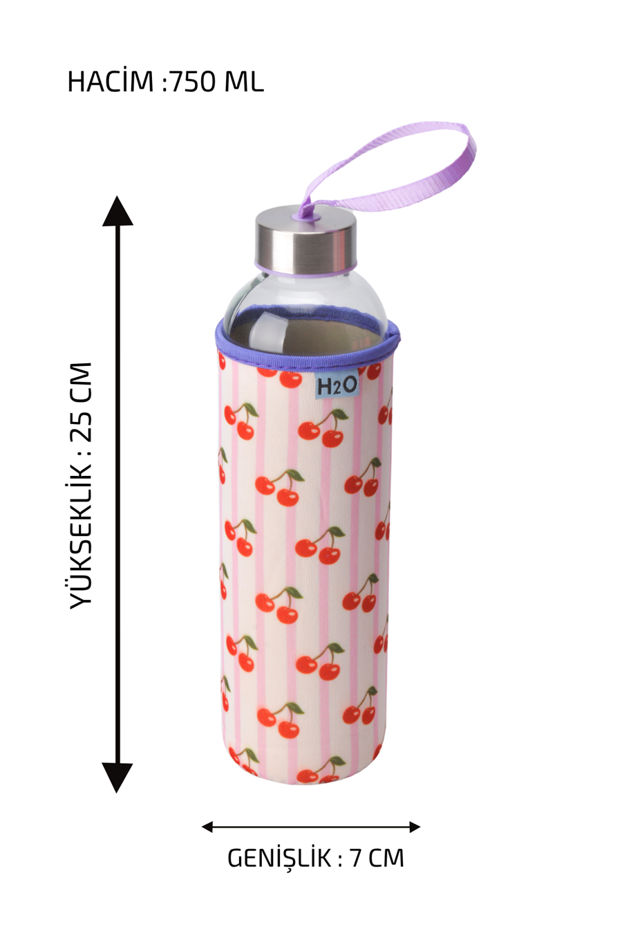 H2O Desenli Kilifli 750 Ml Cam Matara * Kiraz