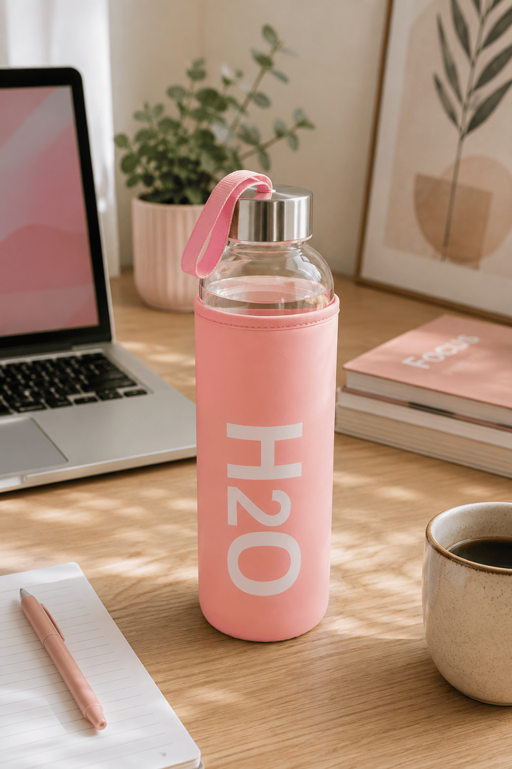 H2O Pastel Renkli Kılıflı Cam Matara 1L  – Pembe