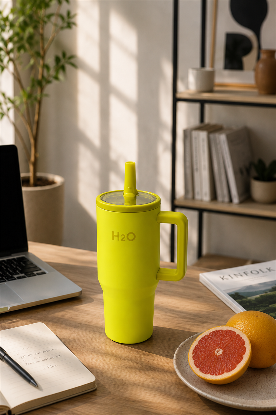 H2O Kulplu Pipetli Çelik Termos Kupa 600 ml – Limon Sarısı