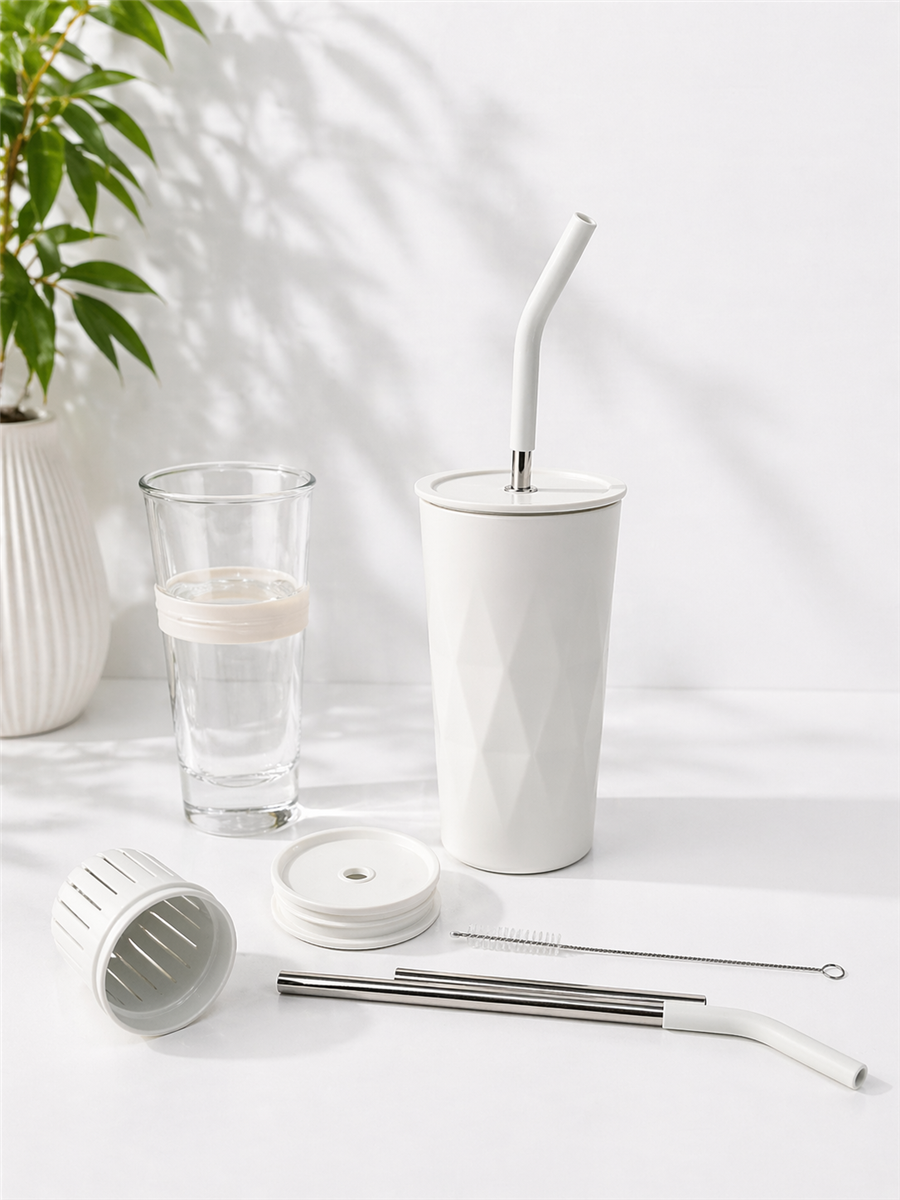 H2O Detoks Hazneli Çelik Pipetli Termos Kupa – Beyaz