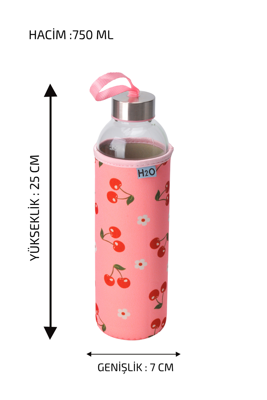 H2O Desenli Kilifli 750 Ml Cam Matara * Kiraz