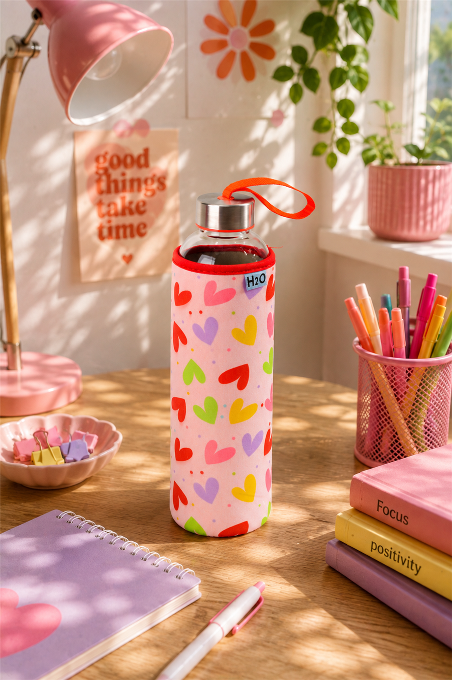 H2O Desenli Kilifli 750 Ml Cam Matara * Kalp