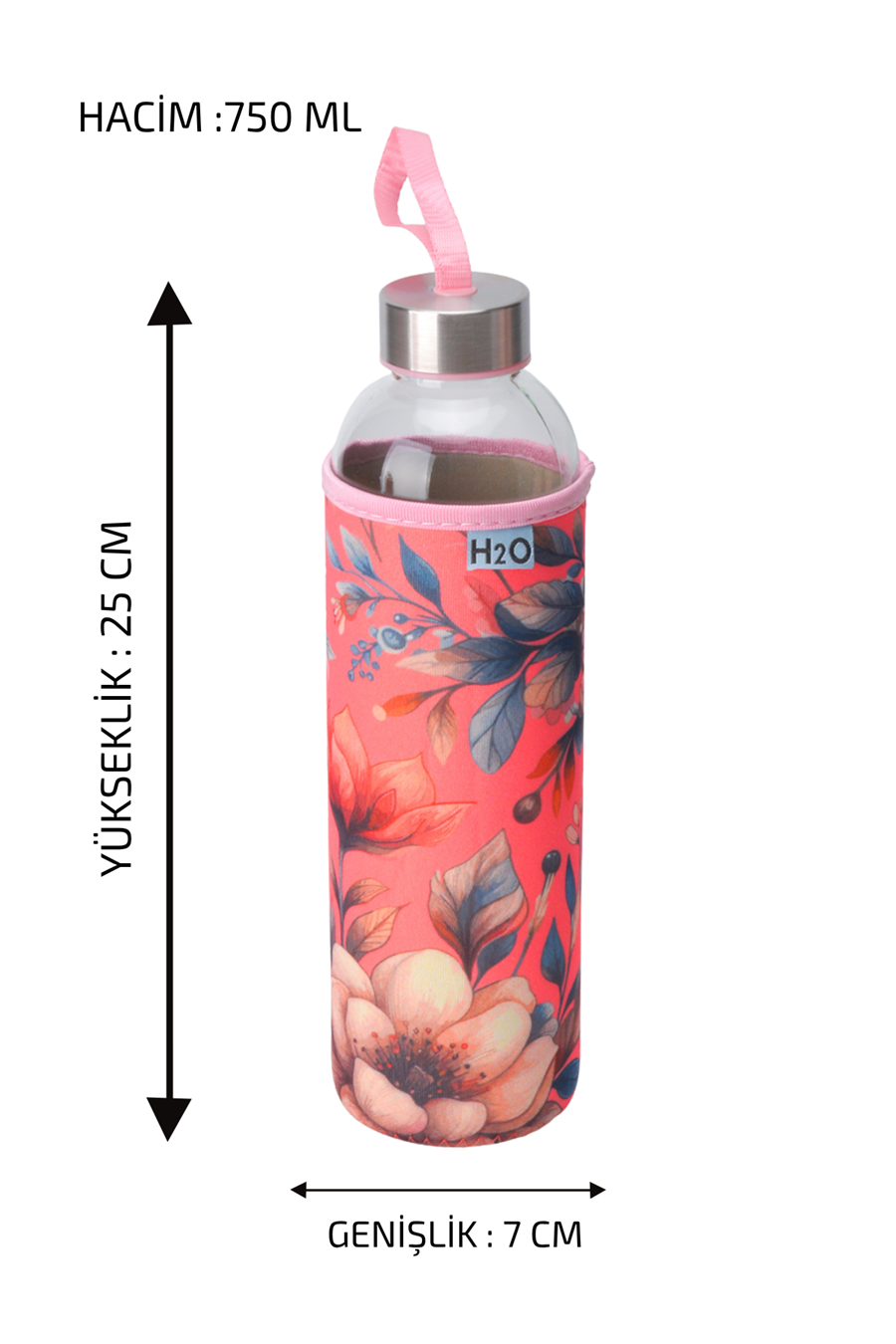 H2O Desenli Kilifli 750 Ml Cam Matara * Gül