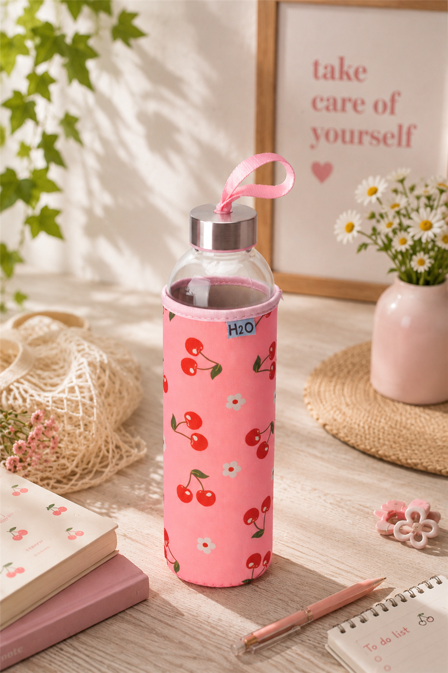 H2O Desenli Kilifli 750 Ml Cam Matara * Kiraz