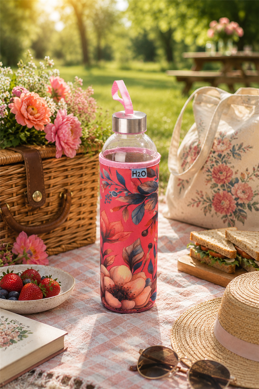 H2O Desenli Kilifli 750 Ml Cam Matara * Gül
