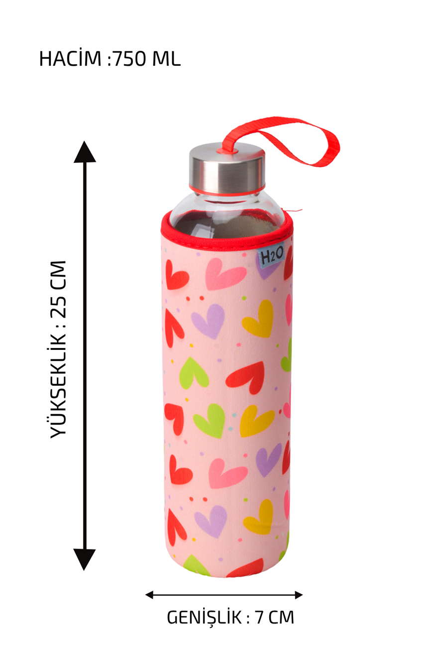 H2O Desenli Kilifli 750 Ml Cam Matara * Kalp