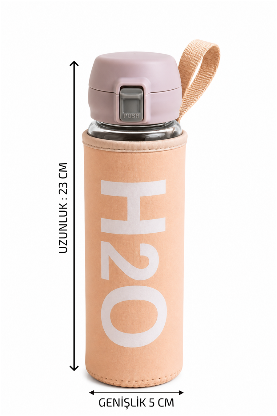 H2O Yazılı Kılıflı Kilit Kapak 500 ml Cam Matara  – Açık Pembe