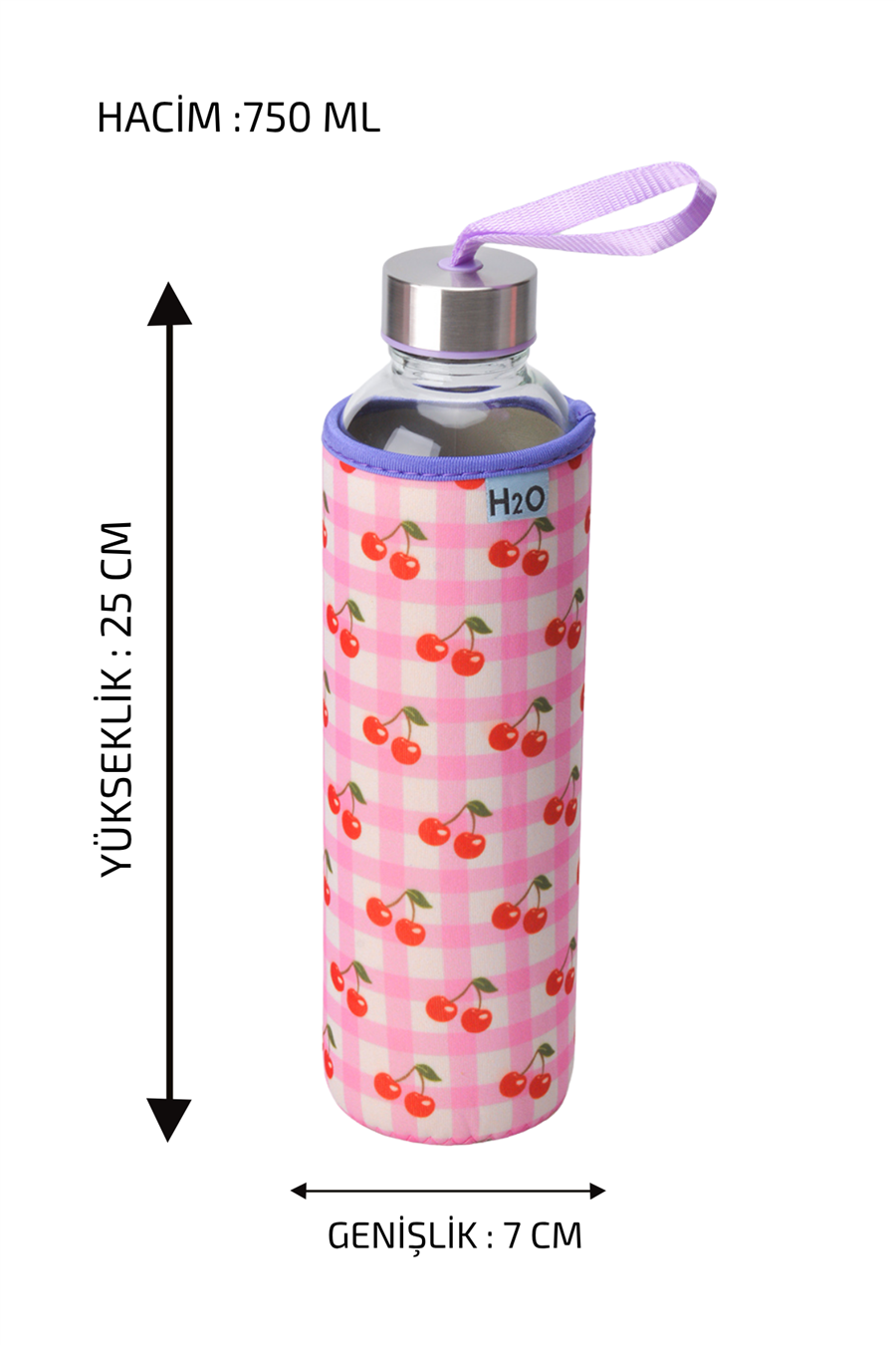 H2O Desenli Kilifli 750 Ml Cam Matara * Kiraz