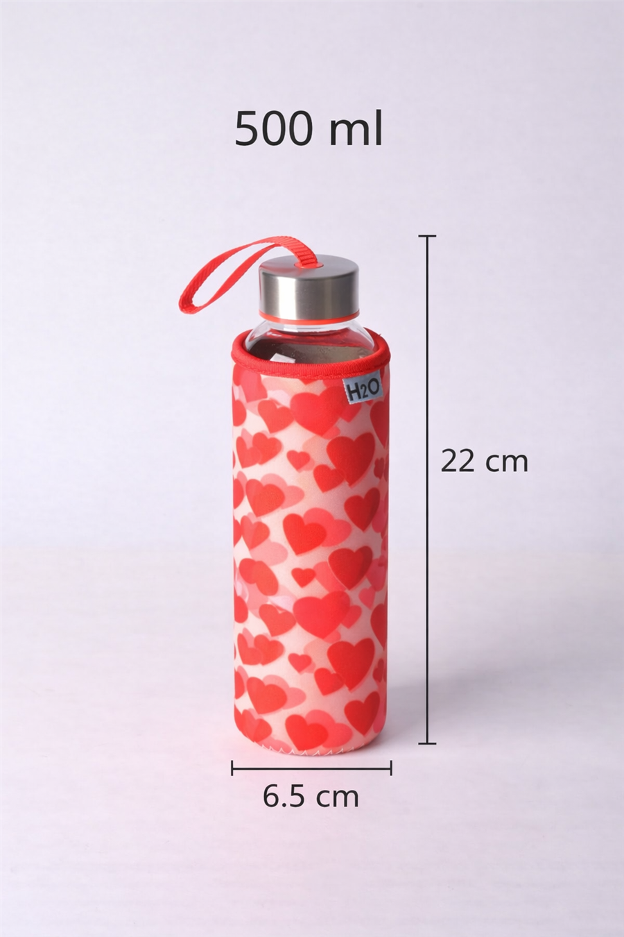 H2O Kalp Desenli Kılıflı Cam Şişe 
