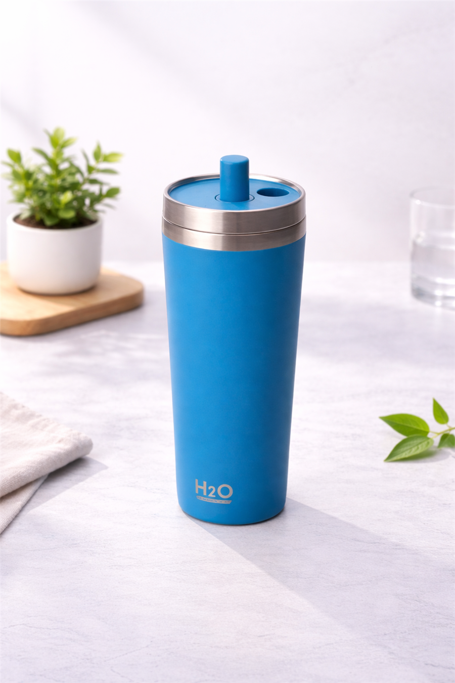 H2O Kapaklı Çelik Pipetli Termos Kupa 660 ml - Mavi